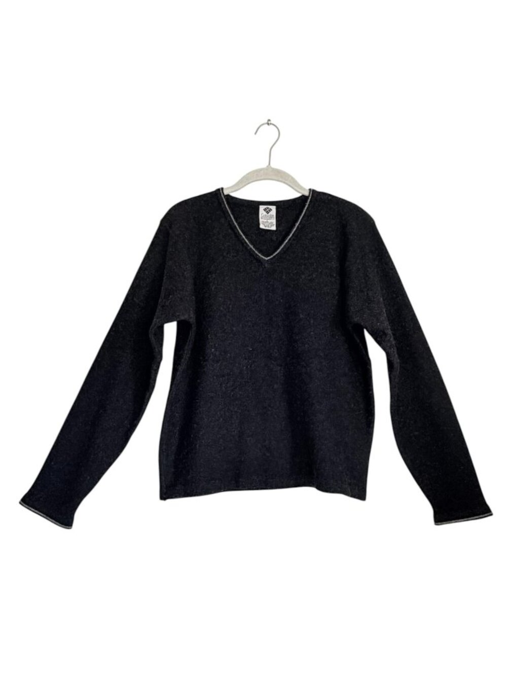 Vintage Y2K Women's Columbia V-Neck Wool Blend Knit Sweater in Charcoal - Sz L